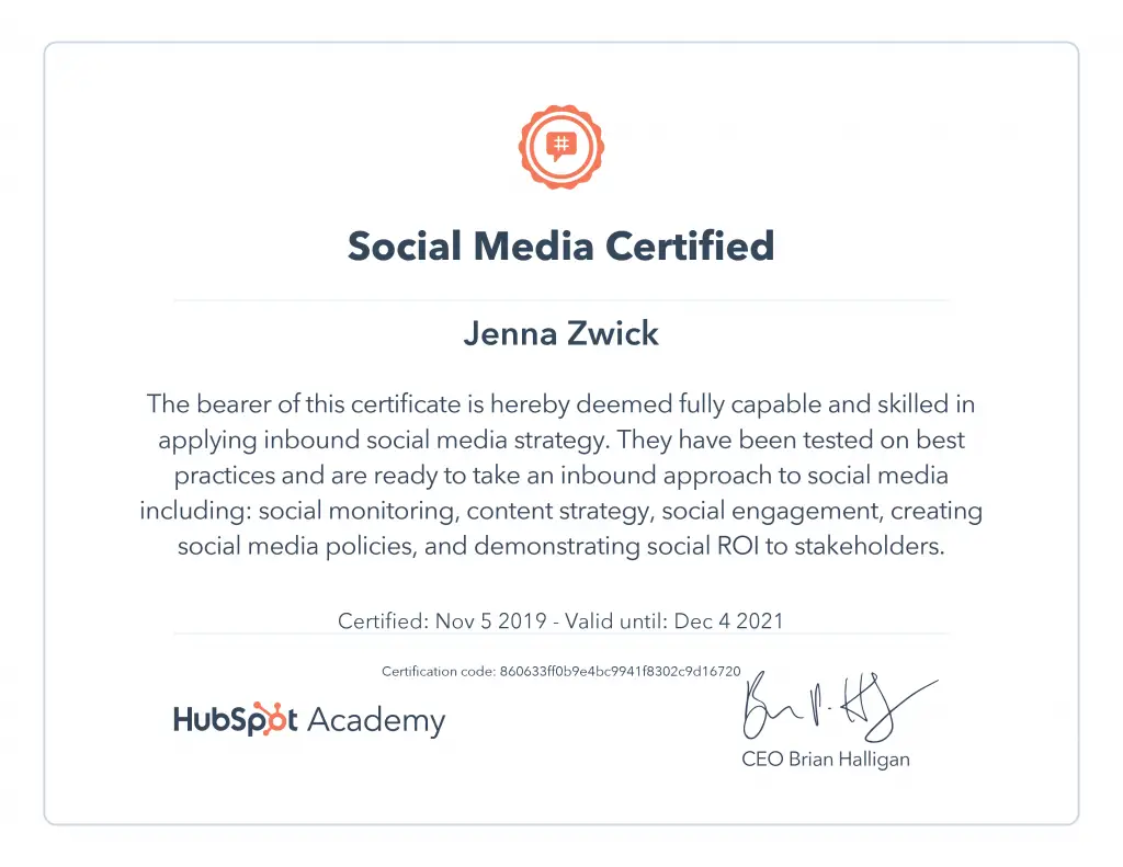 HubSpot Social Media Certificate